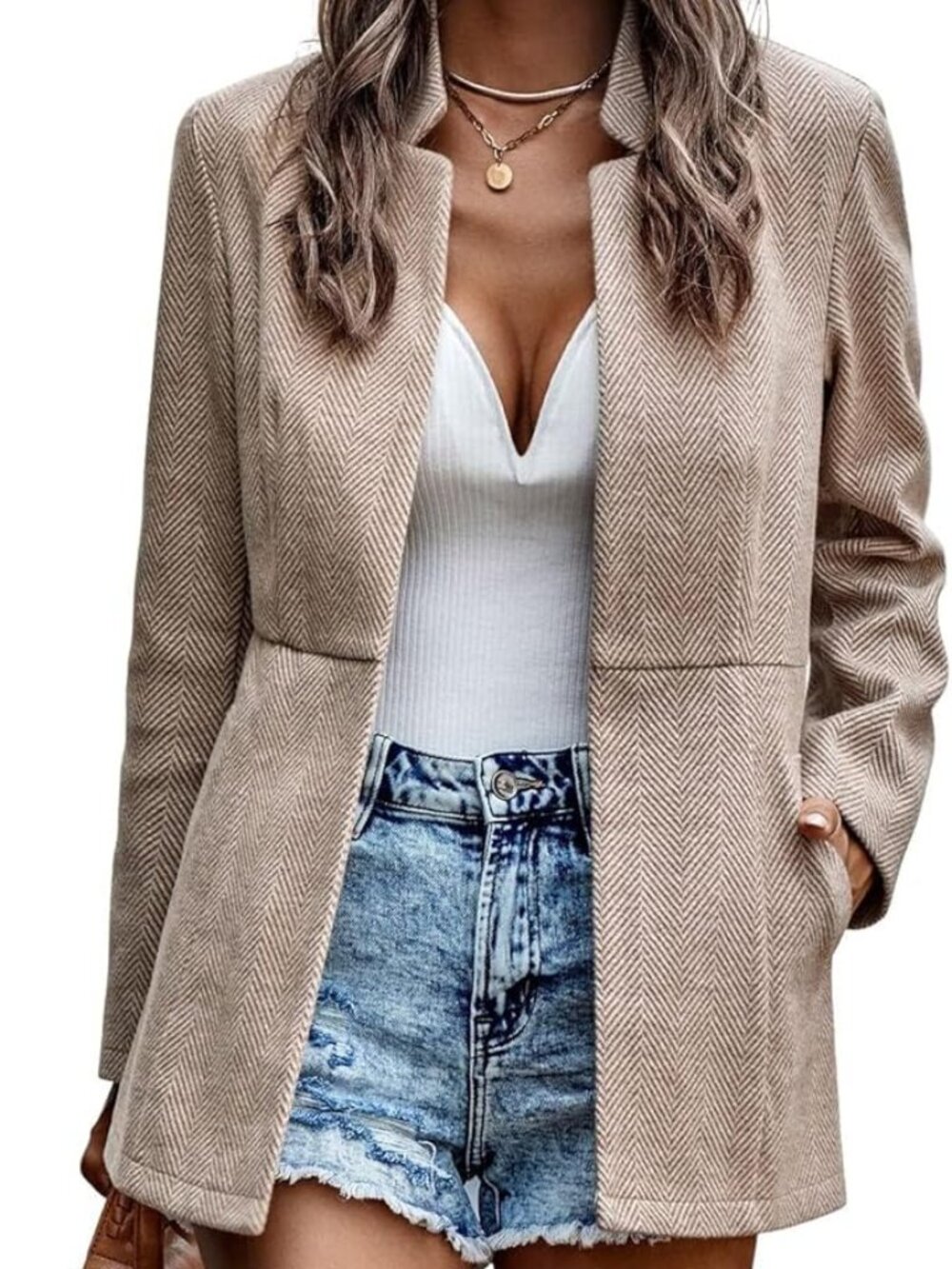 Chouyatou Women's Tan Herringbone Open Front Blazer size M